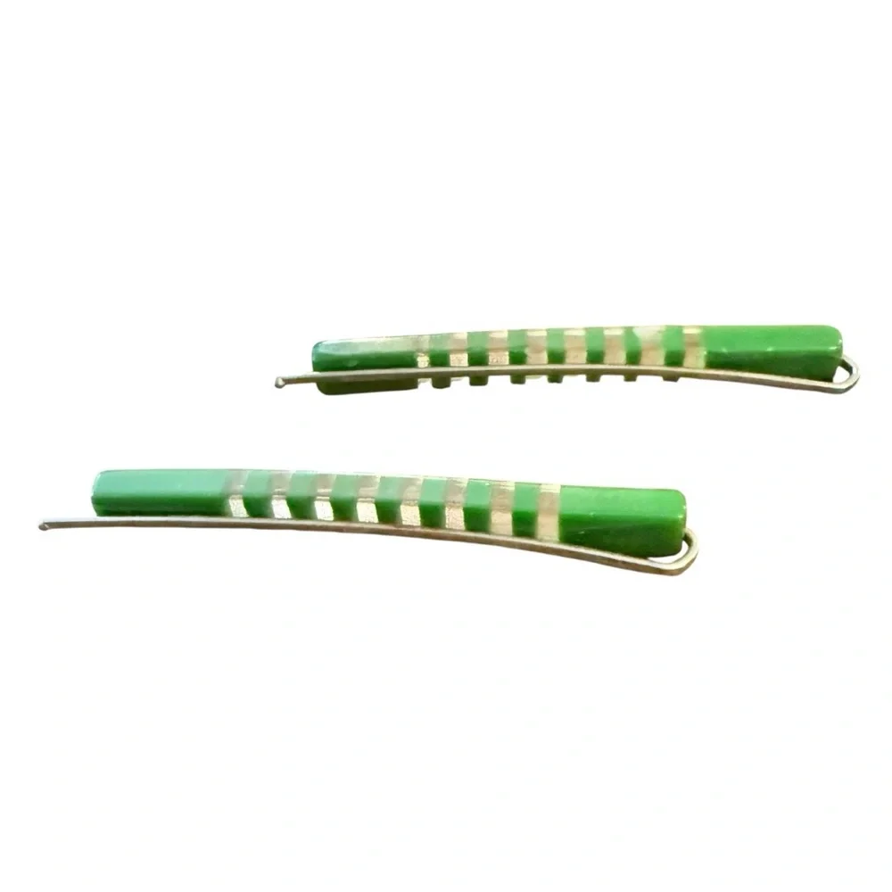 1970’s Green‎ and Clear Striped Bobby Pins Barrettes, 2.5” Long, Deadstock